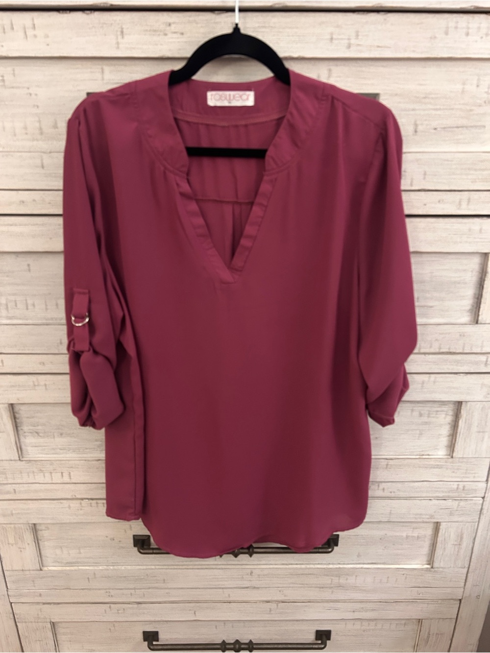 Women's Plum Roll-Sleeve V-Neck Blouse